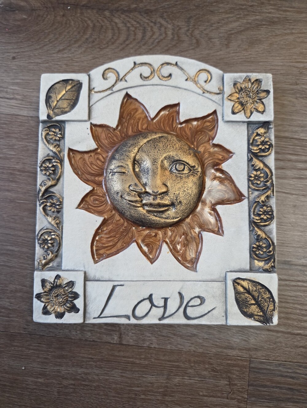 Celestial Sun and Moon "Love" Wall Decor Plaque, Clay/Ceramic with Gold Resin